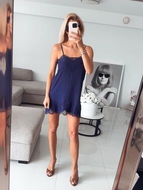 Storia Navy Lace-Trim Slip Dress